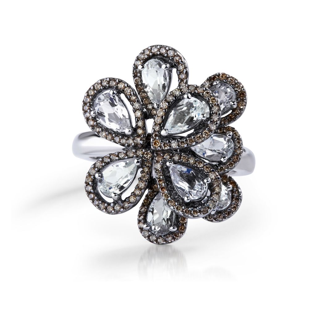 White Topaz and Diamond Flower Ring in 14K White Gold