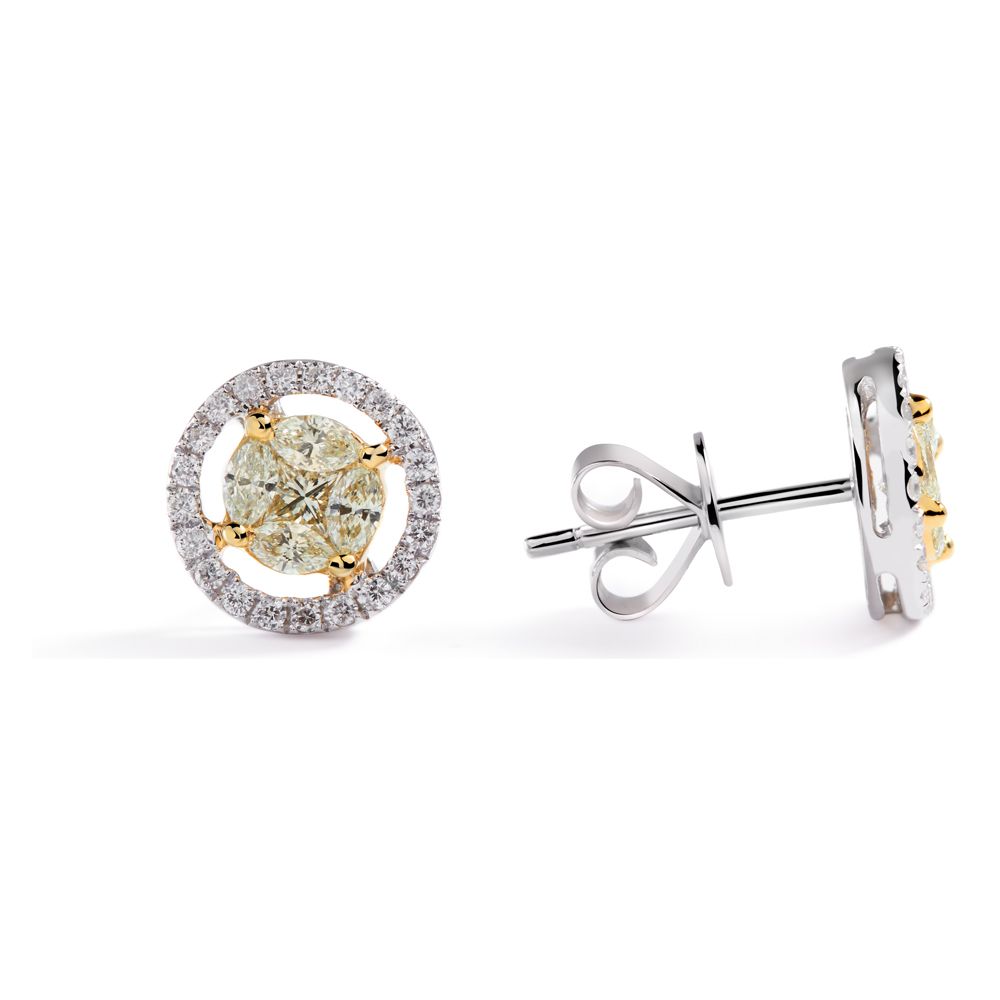Two-Tone Yellow Diamond Halo Studs in 18K White and Yellow Gold (0.78ct)