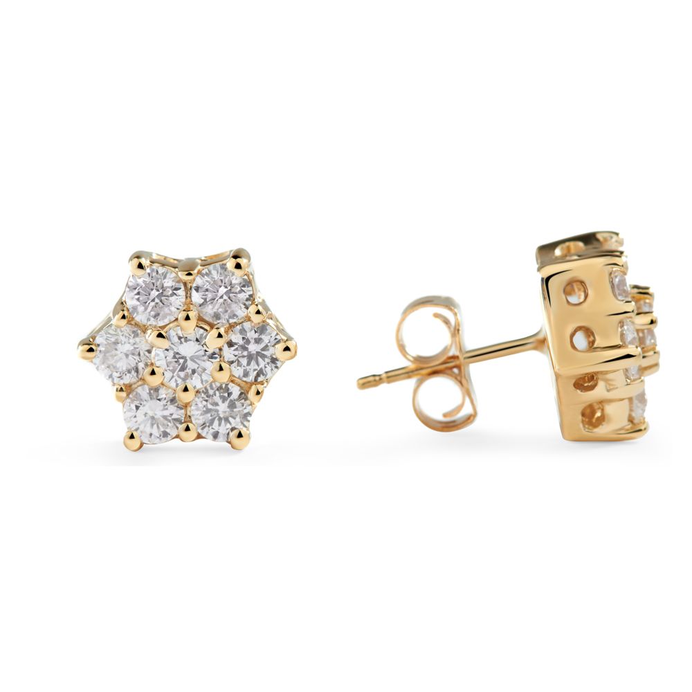 Flower Shaped Cluster Diamond Studs in 14K Yellow Gold (1.70ct)