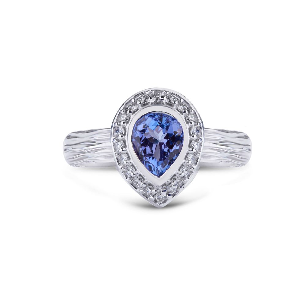 Pear Shaped Tanzanite and Diamond Halo Ring in 14K White Gold