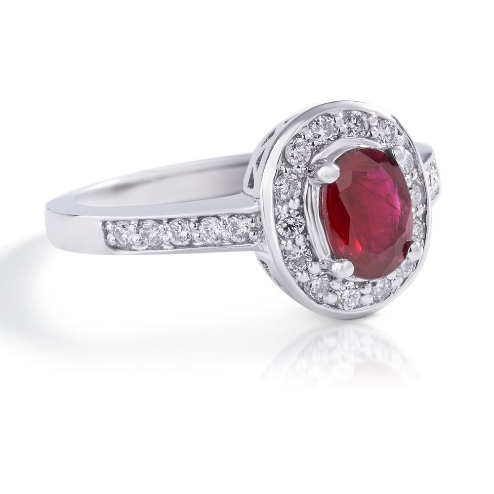 Oval Ruby and Diamond Halo Ring in 14K White Gold (7x5mm)