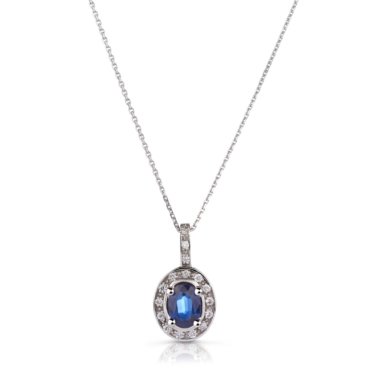 Oval Sapphire and Diamond Pendant in 14K White Gold (7x5mm)