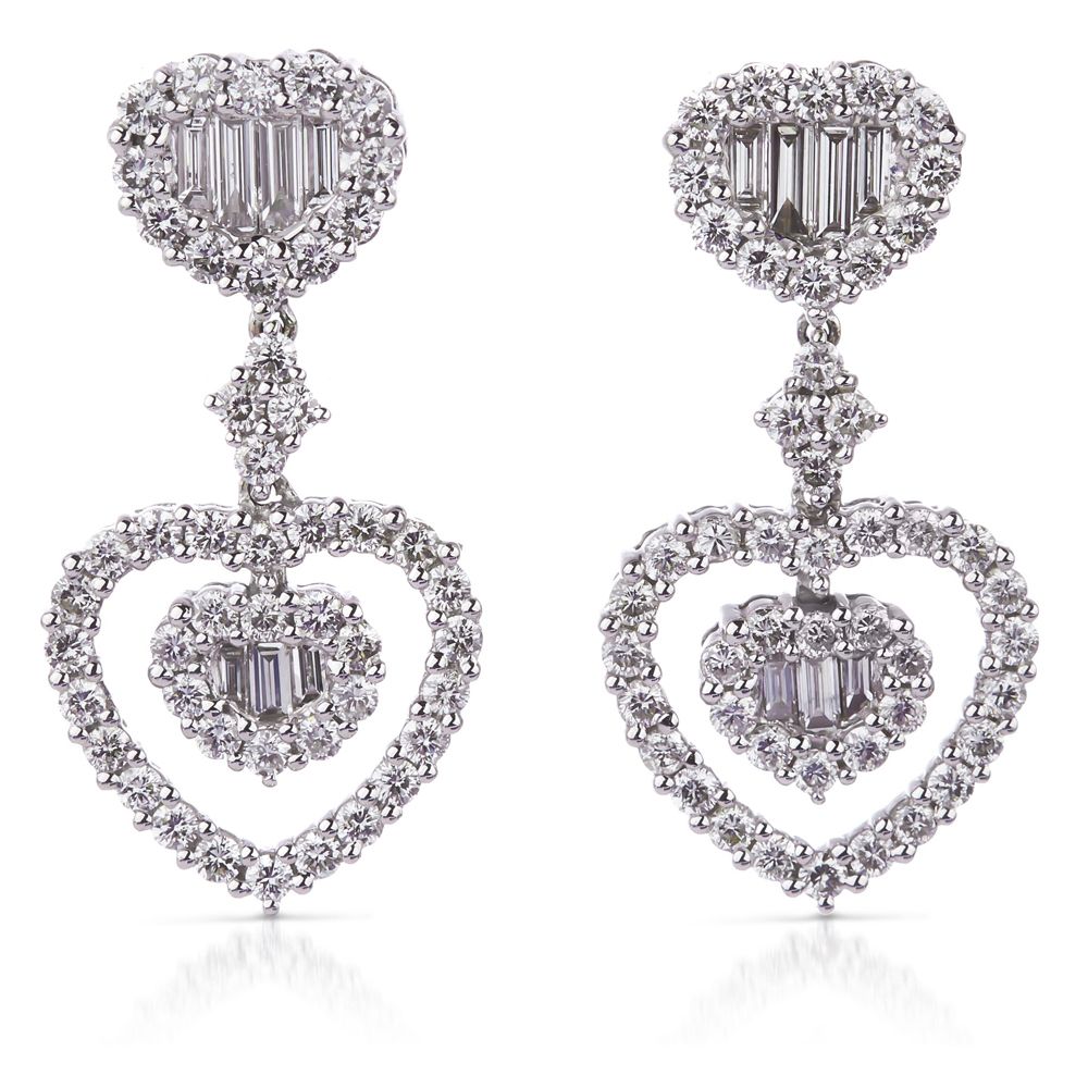 Diamond Double Heart Drop Earrings in 18K White Gold (2.49ct)