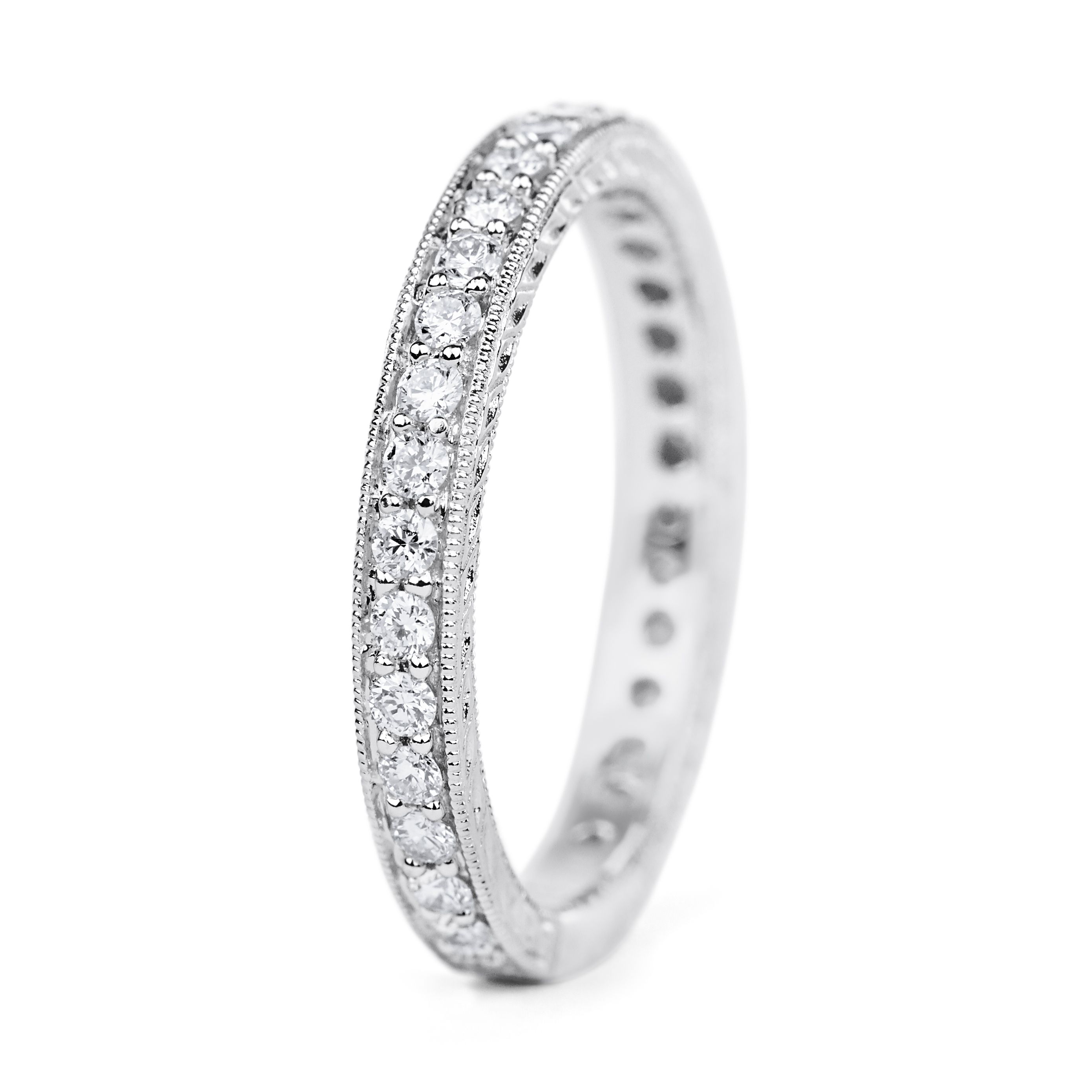 Hand-engraved Diamond Eternity Wedding Ring  in 18K White Gold (0.48ct)
