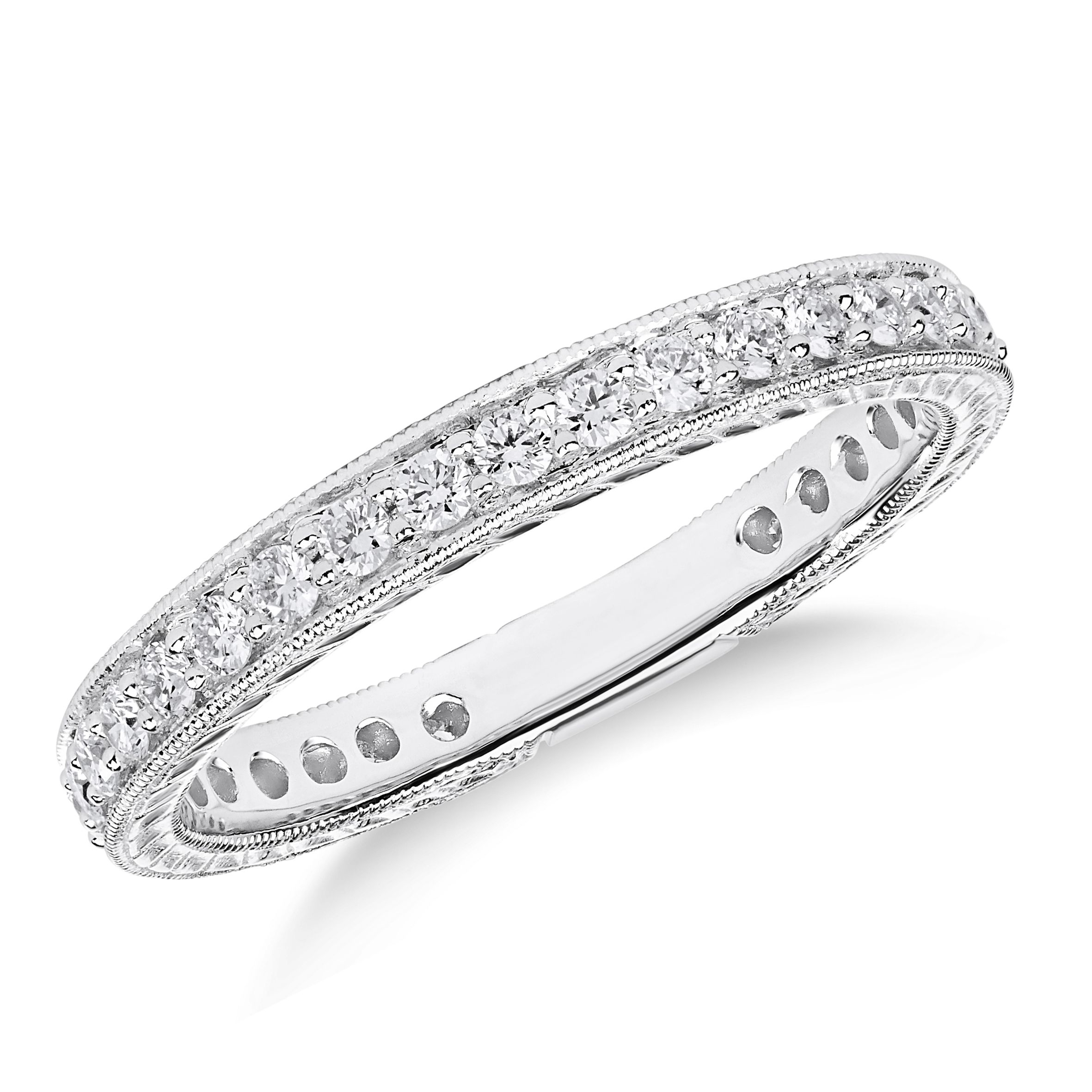 Hand-engraved Diamond Eternity Wedding Ring  in 18K White Gold (0.48ct)