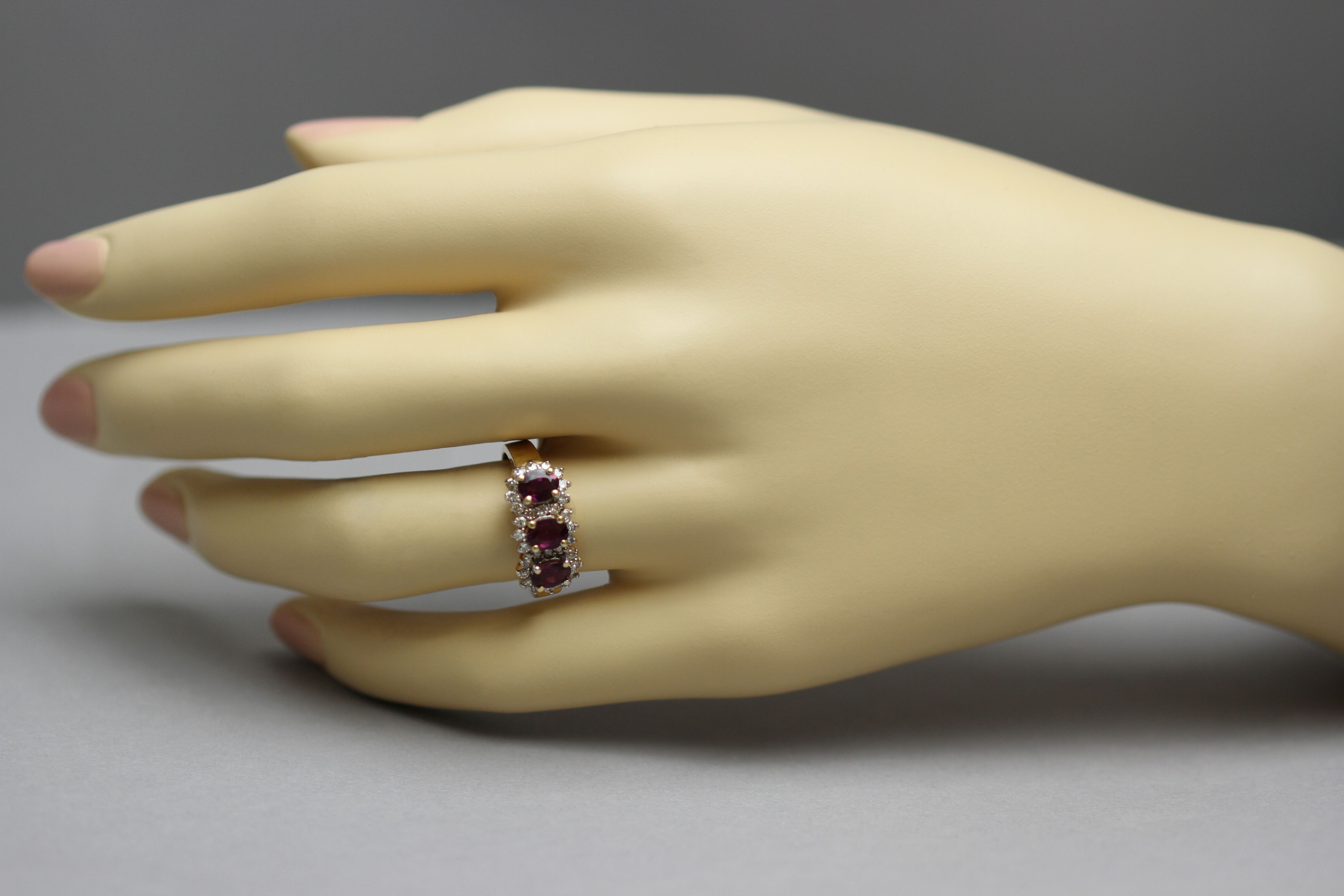 Three-Stone Pink Tourmaline Diamond Halo Ring in 14K Yellow Gold