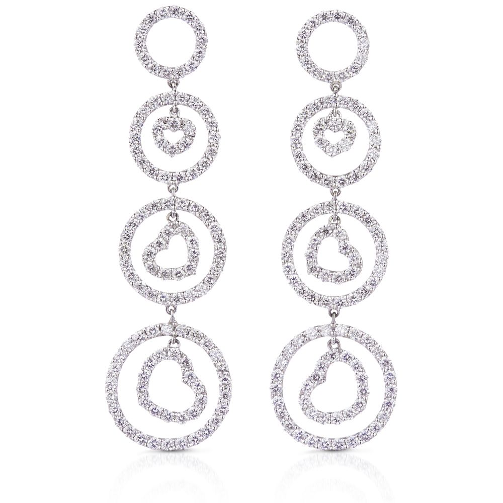 Heart in Circle Dangle Earrings in 18K White Gold (4.96ct)