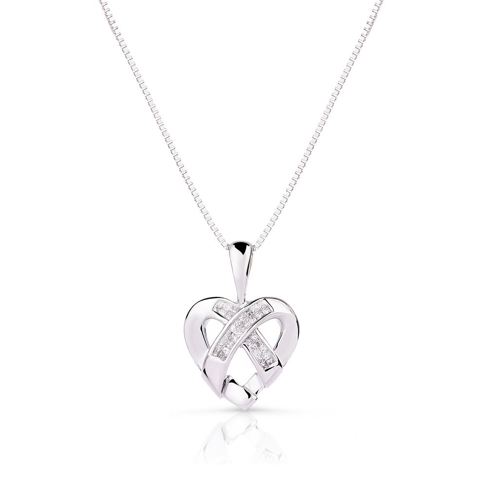 Ribbon Diamond Heart Pendant in 14k White Gold (0.20ct)