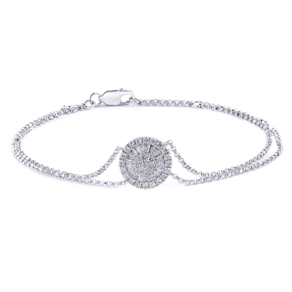 Baguette Diamond Double Strand Disc Chain Bracelet in 18K White Gold (0.51ct)