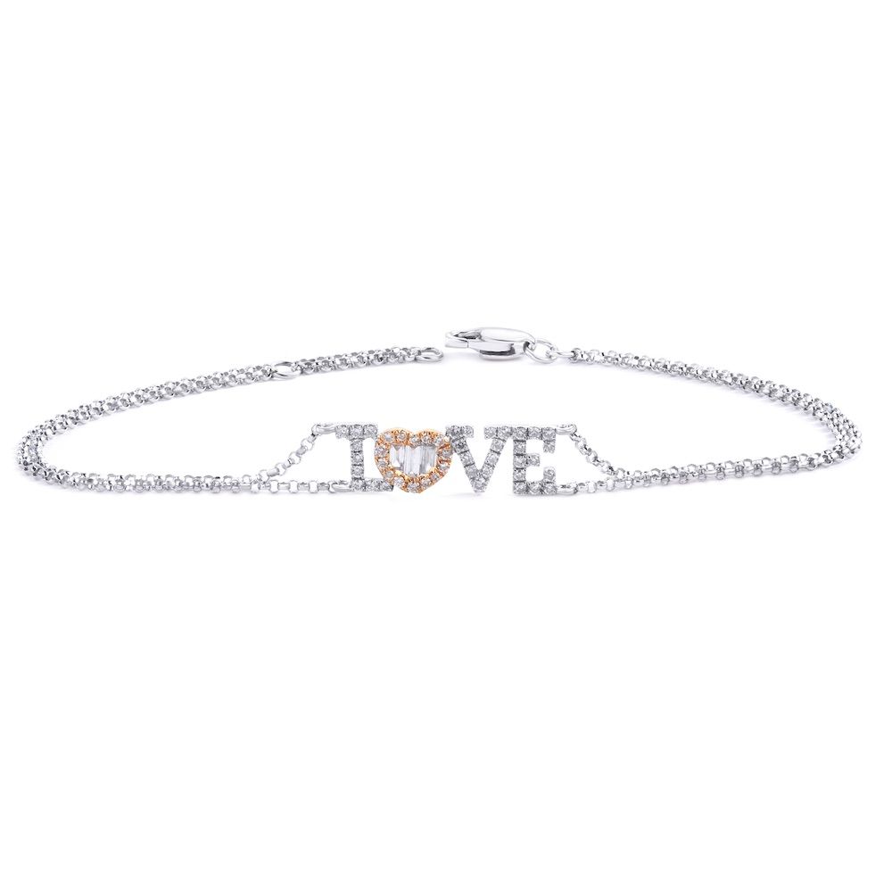 "Love" Diamond Heart Double Stand Bracelet in 18K White and Rose Gold (0.32ct)