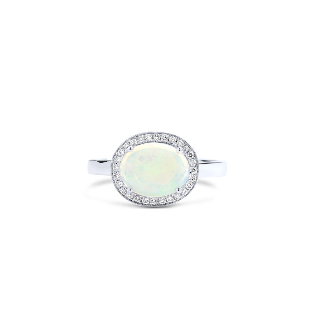 East-West Oval Opal and Diamond Halo Ring in 14K White Gold