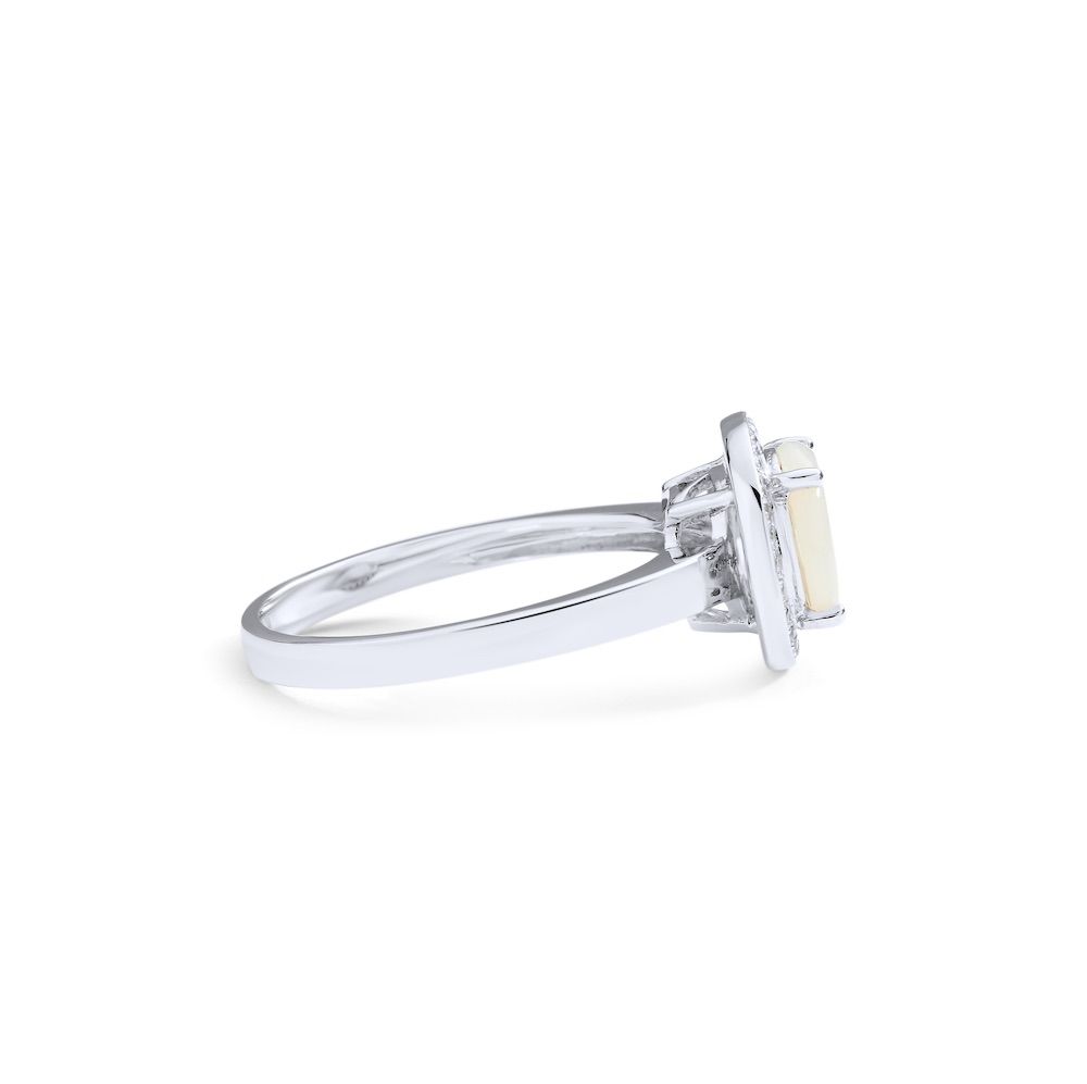 East-West Oval Opal and Diamond Halo Ring in 14K White Gold