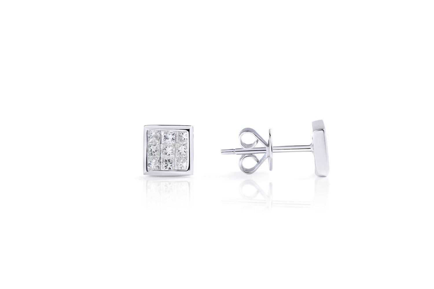 Princess-Cut Diamond Cluster Stud Earrings in 18K White Gold 