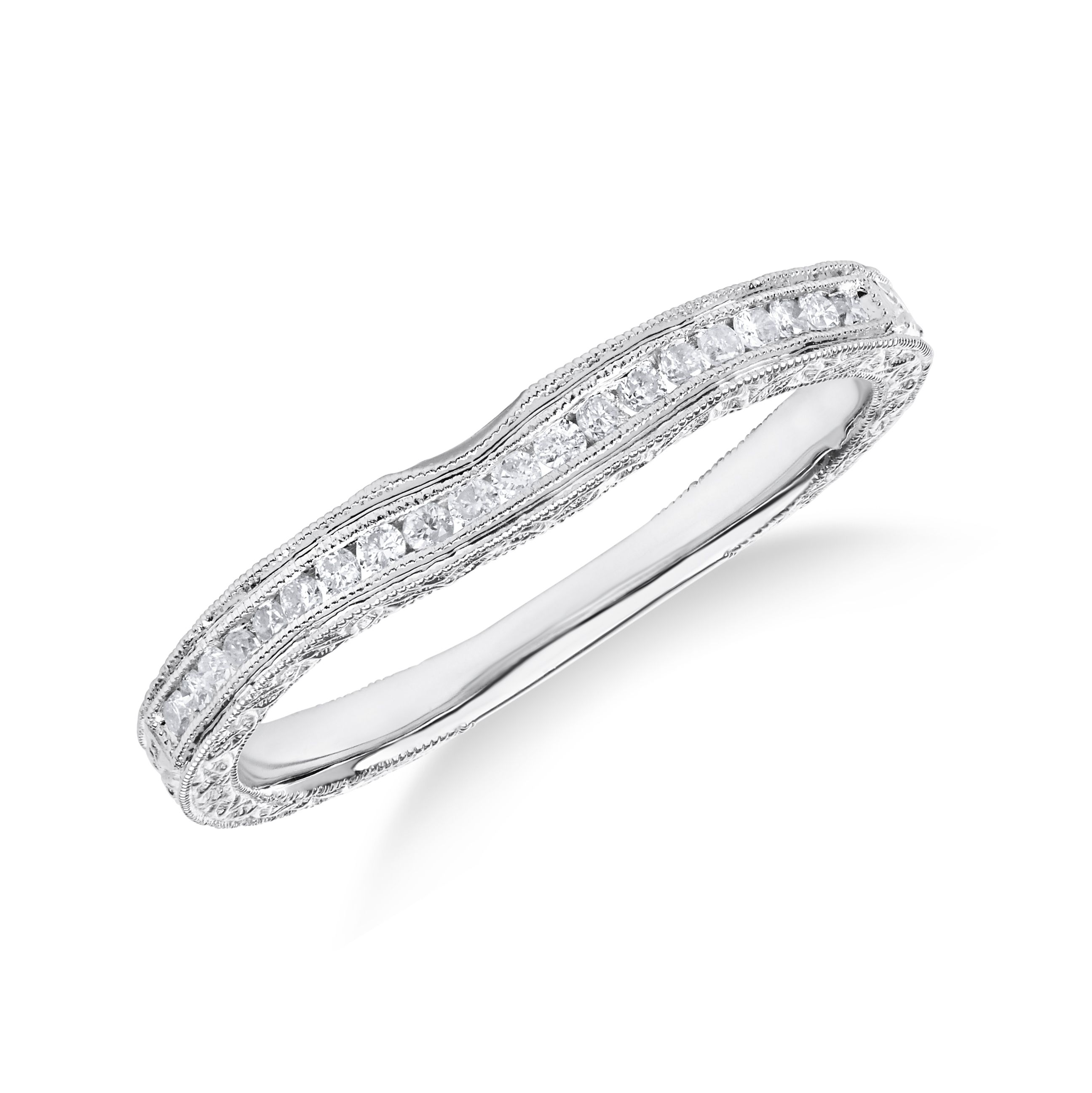 Curved Hand-Engraved Diamond Wedding Ring in 18K White Gold (0.22ct)