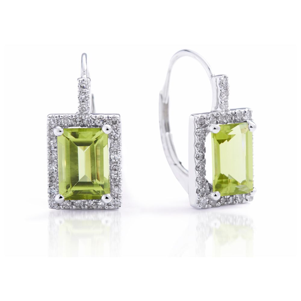 Emerald Cut Peridot & Diamond Earrings in 14K White Gold