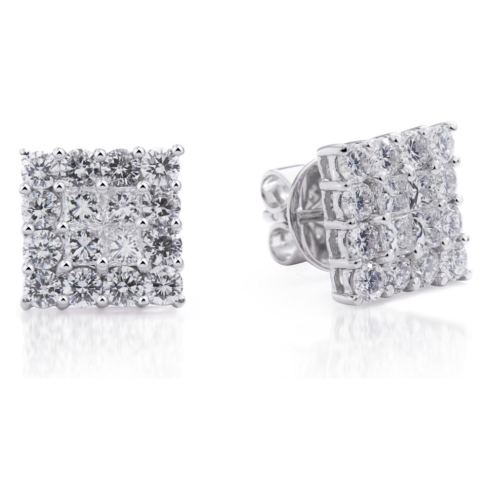 Diamond Square Cluster Stud Earrings in 18k White Gold (2.63ct)