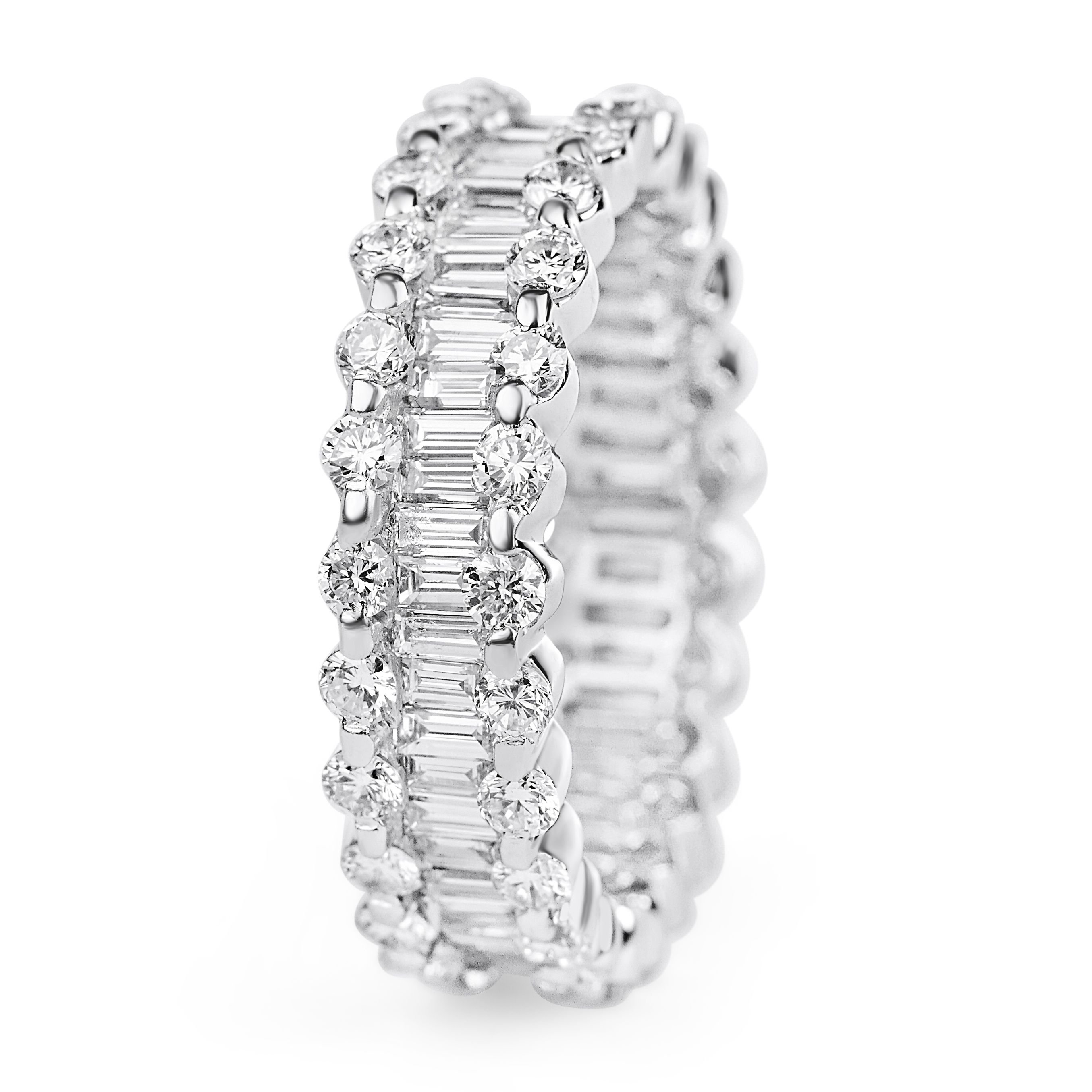 Baguette and Round Diamond Eternity Ring in 18K White Gold (4.02ct)