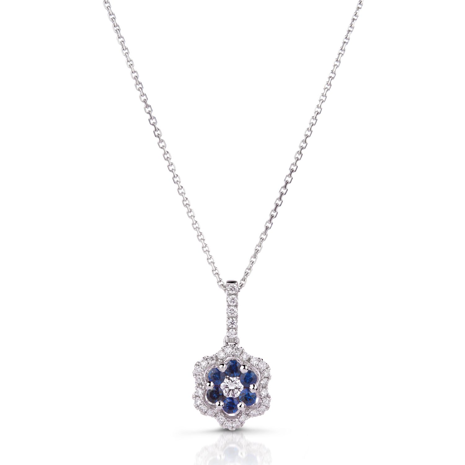 Drop Flower Sapphire & Diamond Pendant in 14K White Gold (2mm)