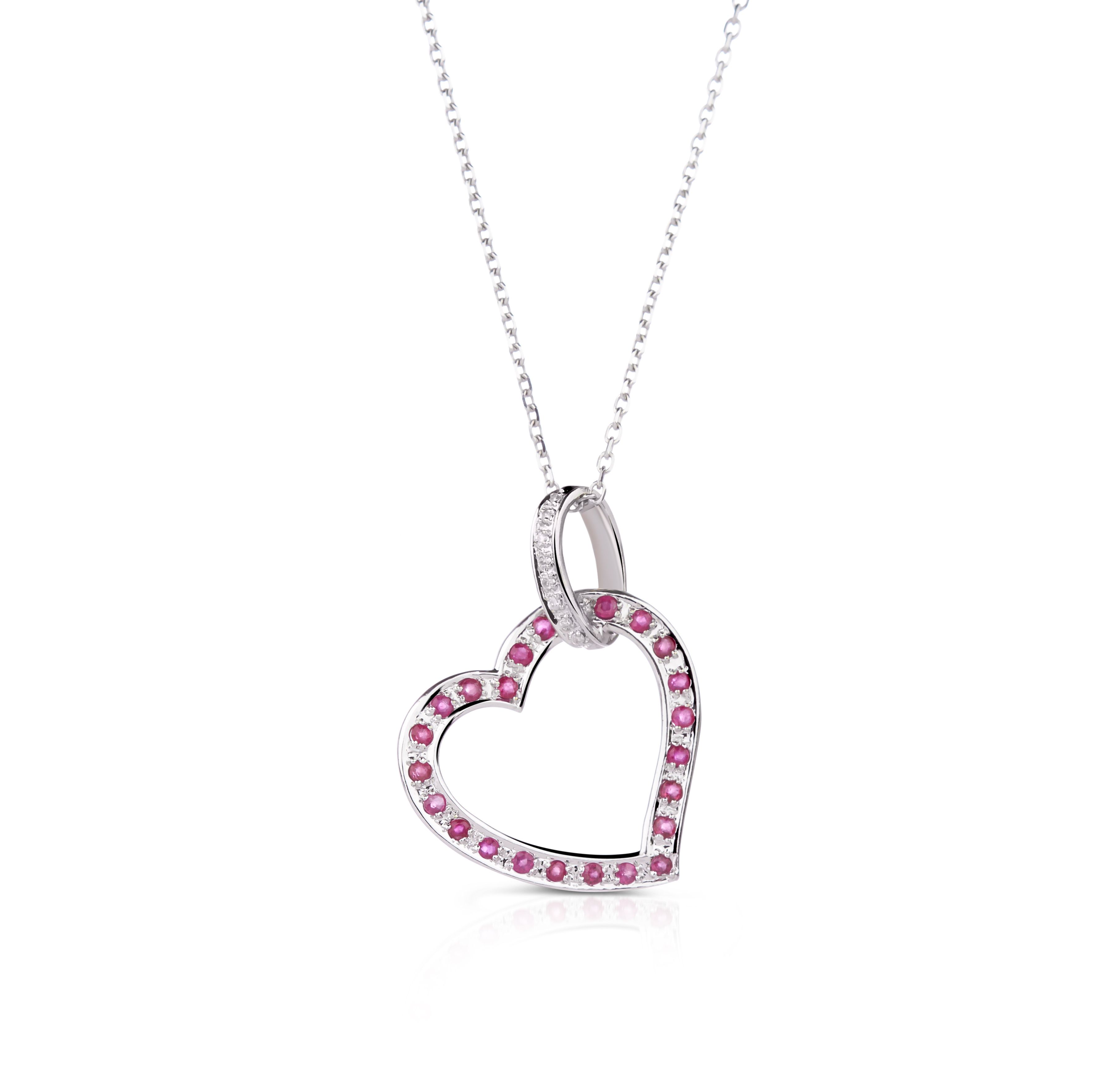 Heart Shaped Ruby and Diamond Pendant in 14K White Gold