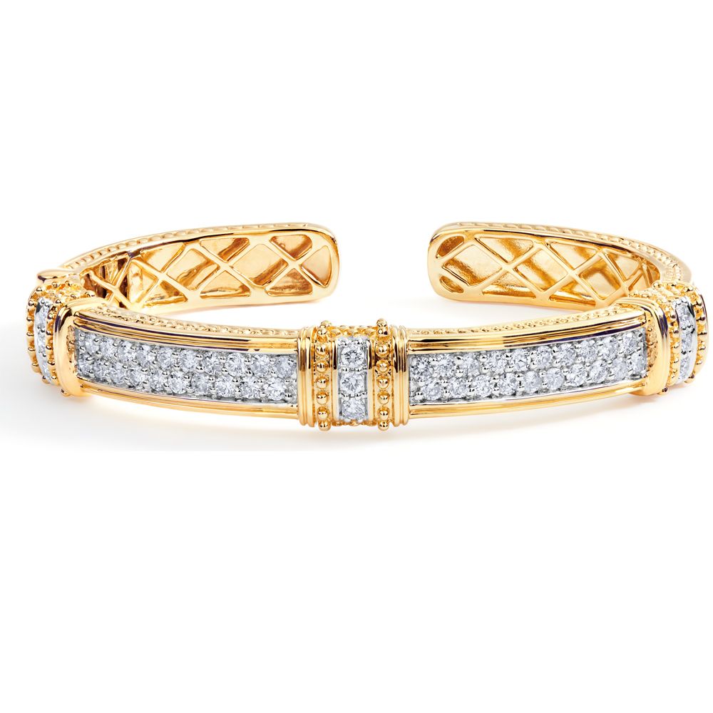Double Row Diamond Cuff Bangle with Milgrain in 14K Yellow Gold (2.70ct)