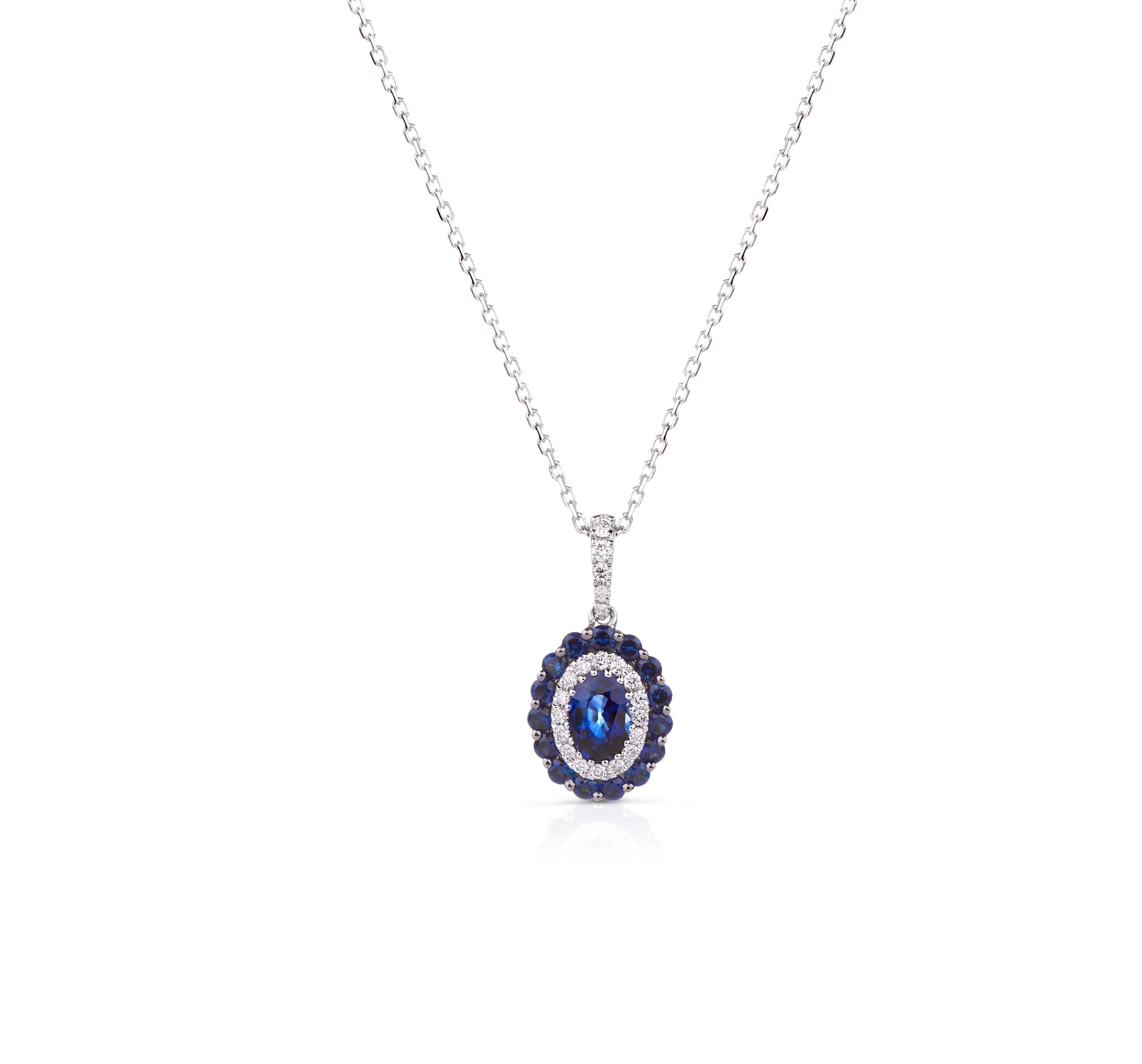 Sapphire & Diamond Oval Pendant in 18K White Gold (5x4mm)