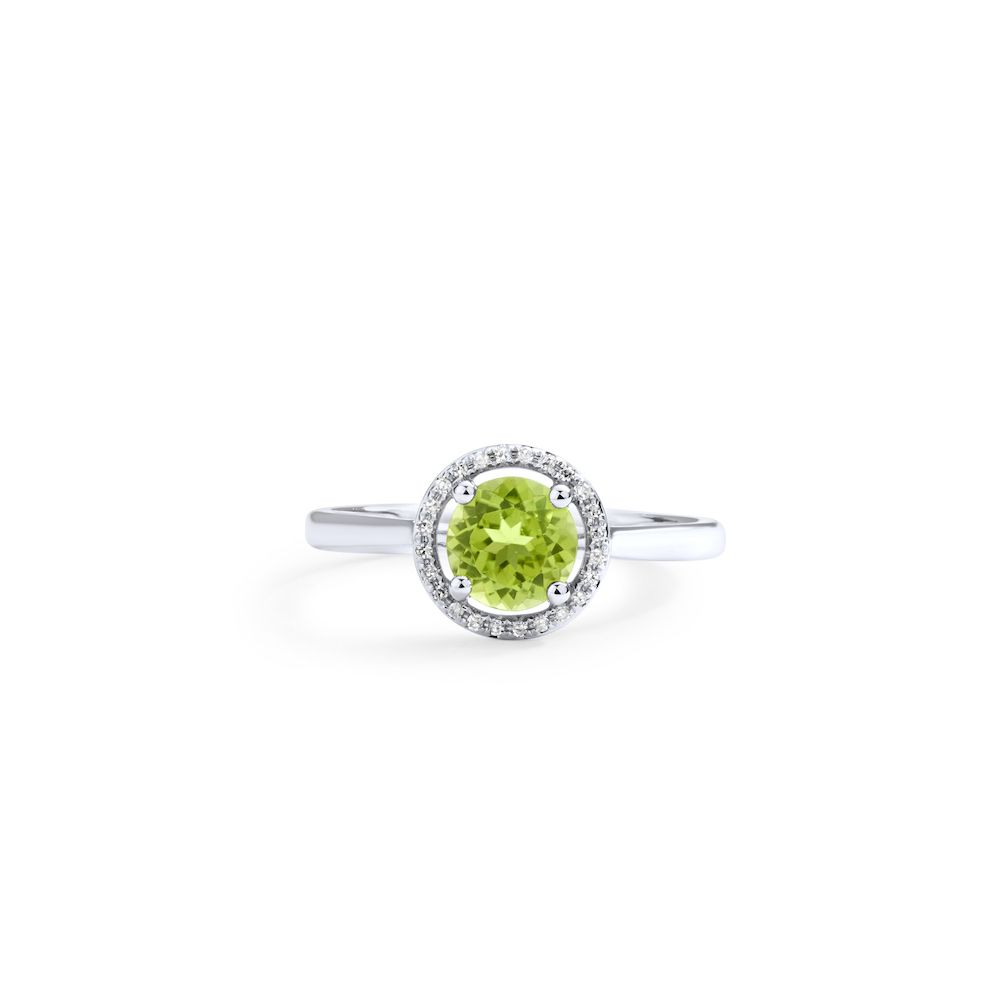 Round Peridot and Diamond Halo Ring in 14K White Gold (6mm)