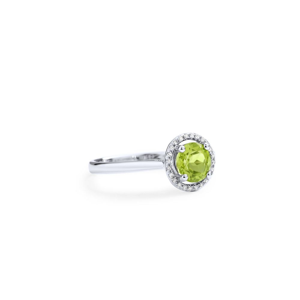 Round Peridot and Diamond Halo Ring in 14K White Gold (6mm)