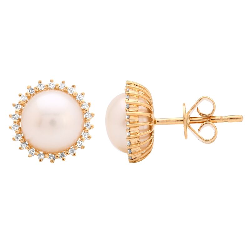 Round Freshwater Pearl & Diamond Stud Earrings in 14K Yellow Gold (7.5mm)