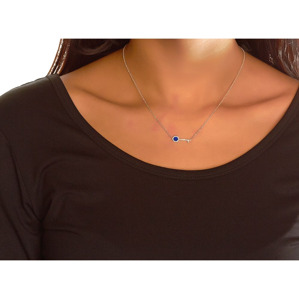 Lapis and Diamond Mini Key Necklace in 14K White Gold (4x5mm)