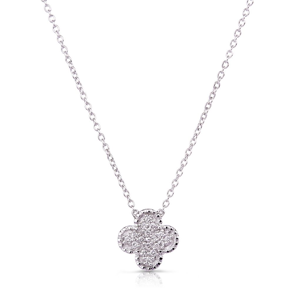 Diamond Clover Pendant with Milgrain Edges in 18k White Gold (0.15ct)