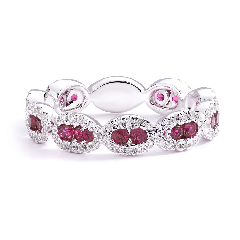 Double Ruby and Diamond Halo Stackable Ring in 18K White Gold (4mm)