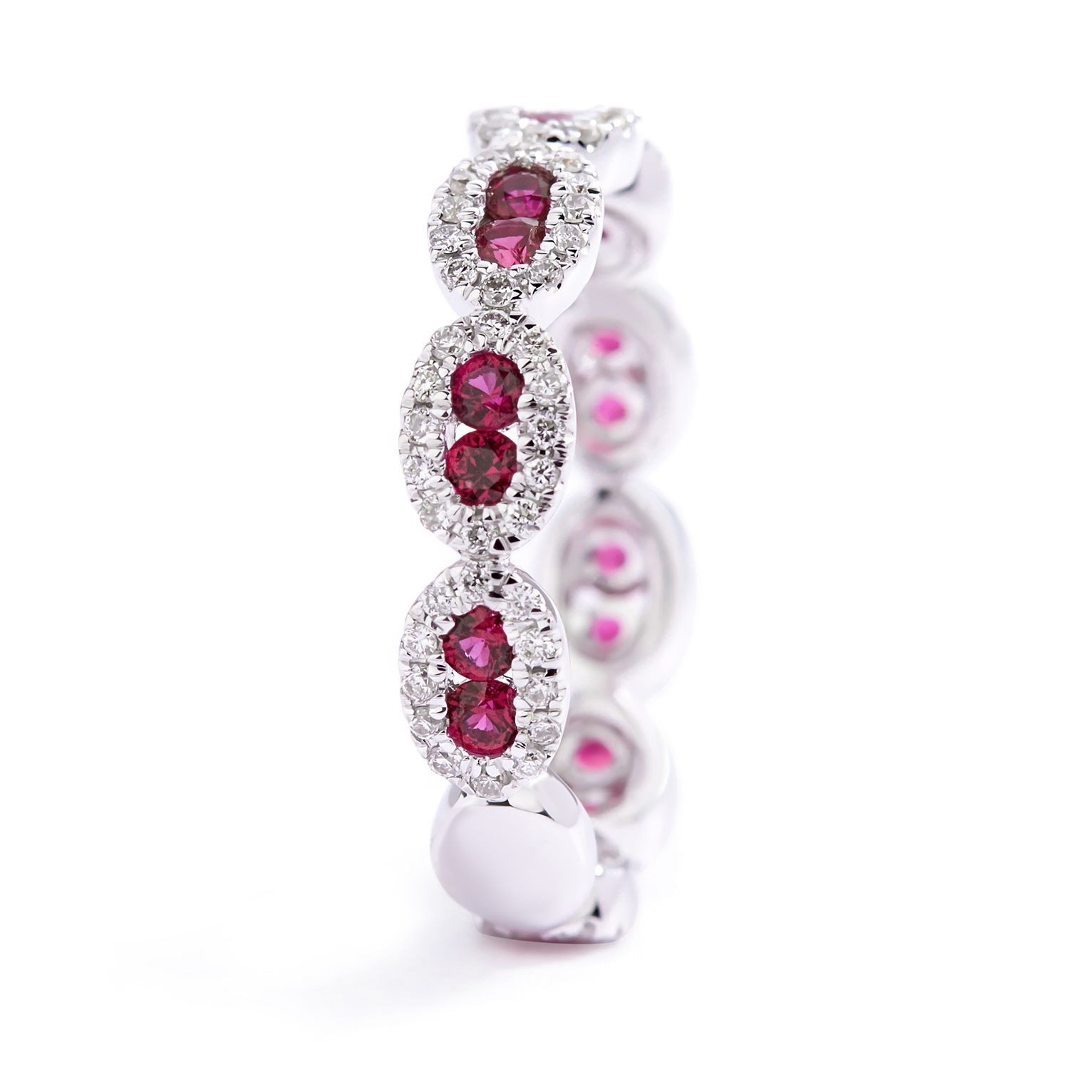 Double Ruby and Diamond Halo Stackable Ring in 18K White Gold (4mm)