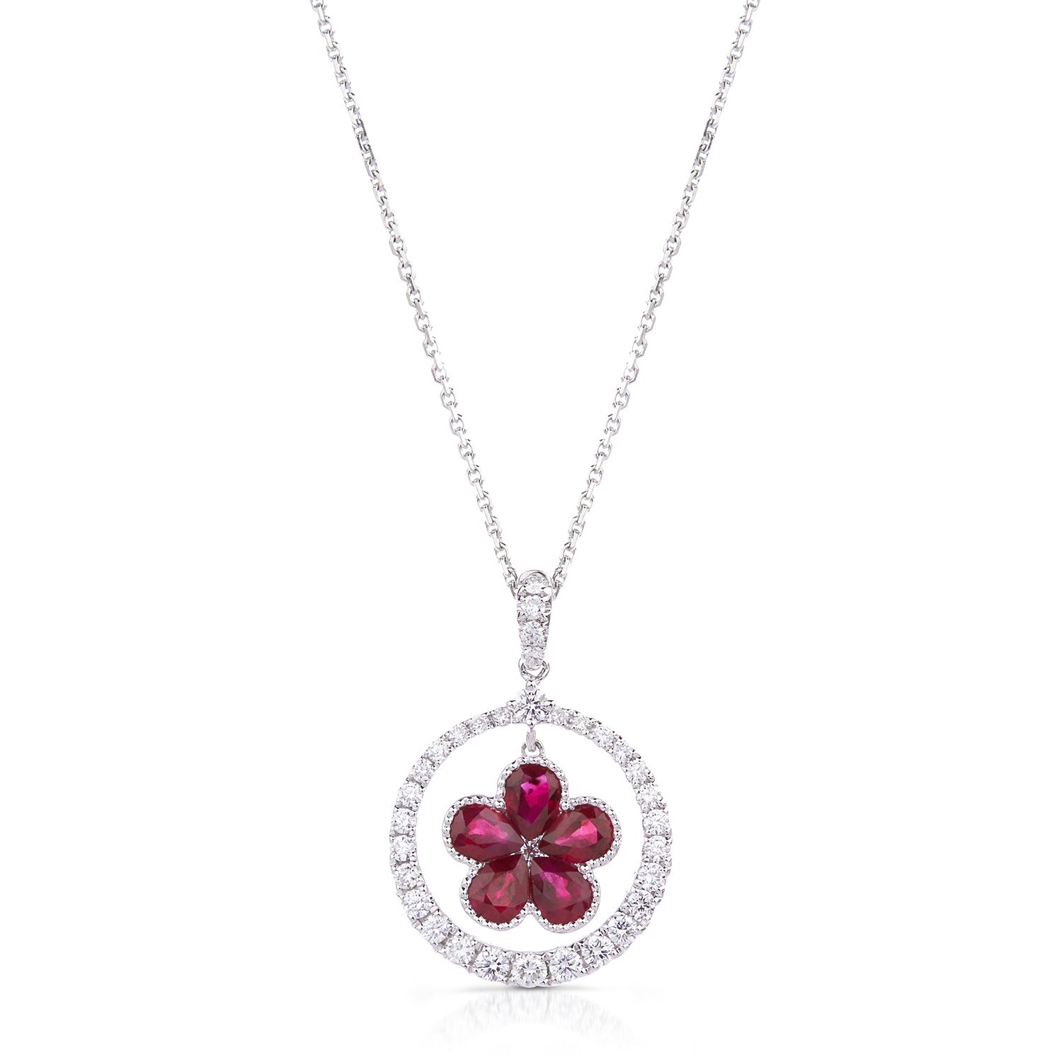 Floating Ruby Flower and Diamond Halo Pendant in 18K White Gold (0.50ct)