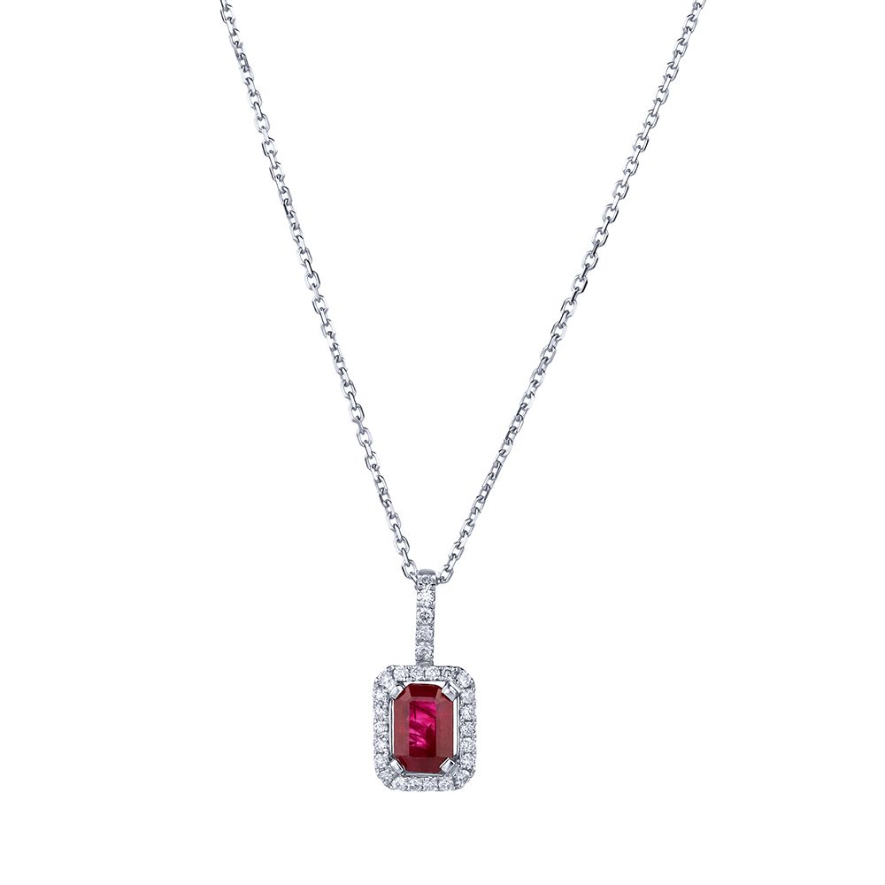Emerald-Cut Ruby and Diamond Halo Pendant in 18K White Gold (6x5mm)