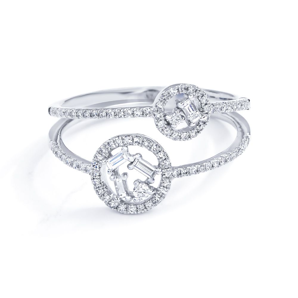 Double Row Open Circle Baguette Diamond Ring in 14K White Gold (0.38ct)