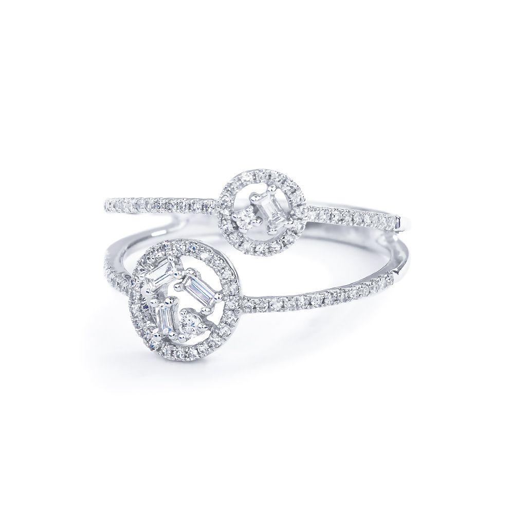 Double Row Open Circle Baguette Diamond Ring in 14K White Gold (0.38ct)