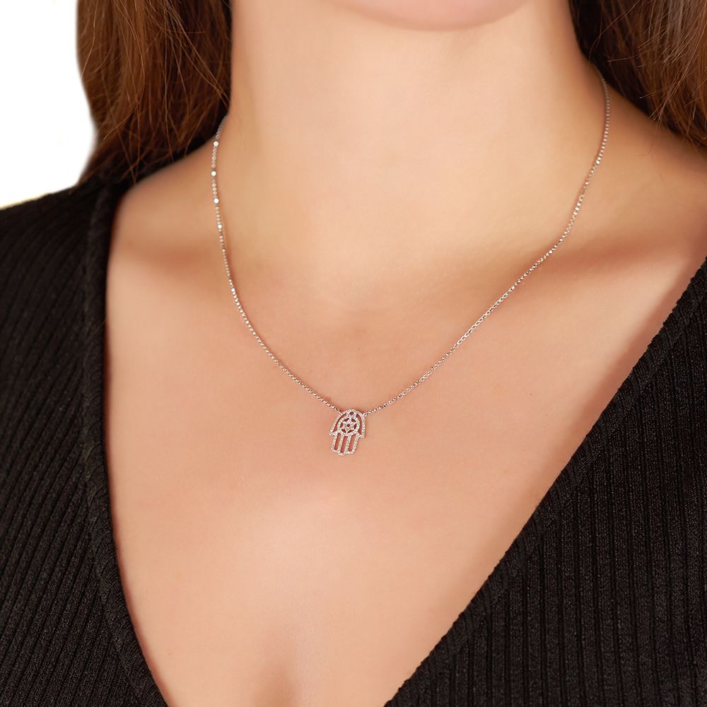 Hamsa with Star of David Diamond Necklace in 18K White Gold (0.20ct)