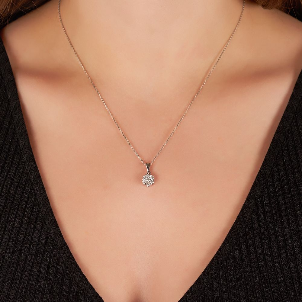 Round Floral Cluster Diamond Pendant in 14K White Gold (0.50ct)