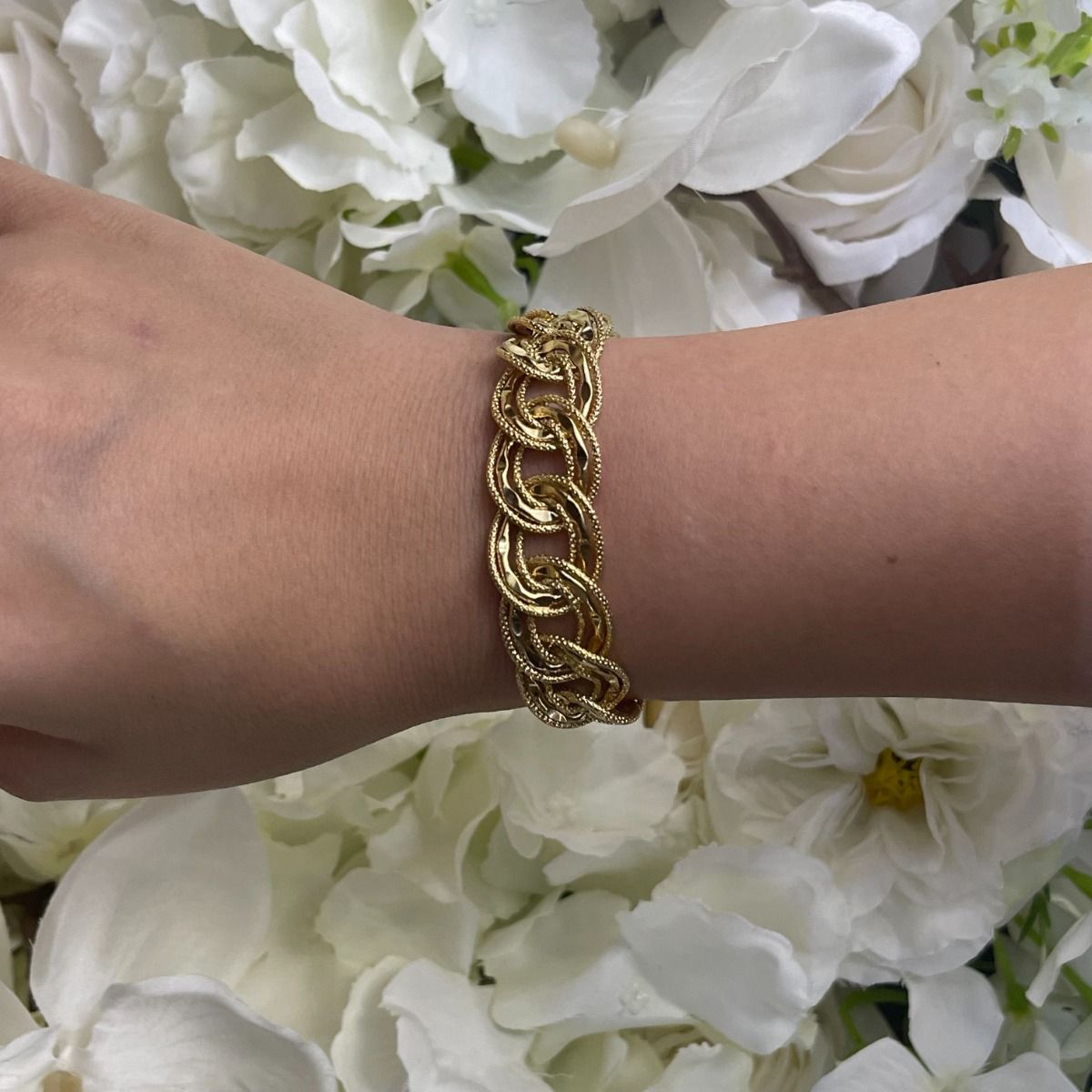 Round Hammered and Diamond Cut Triple Link Bracelet in 14K Yellow Gold