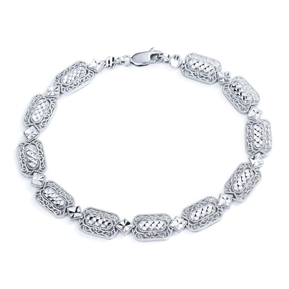 Diamond Cut Oval Link Bracelet in 14K White Gold