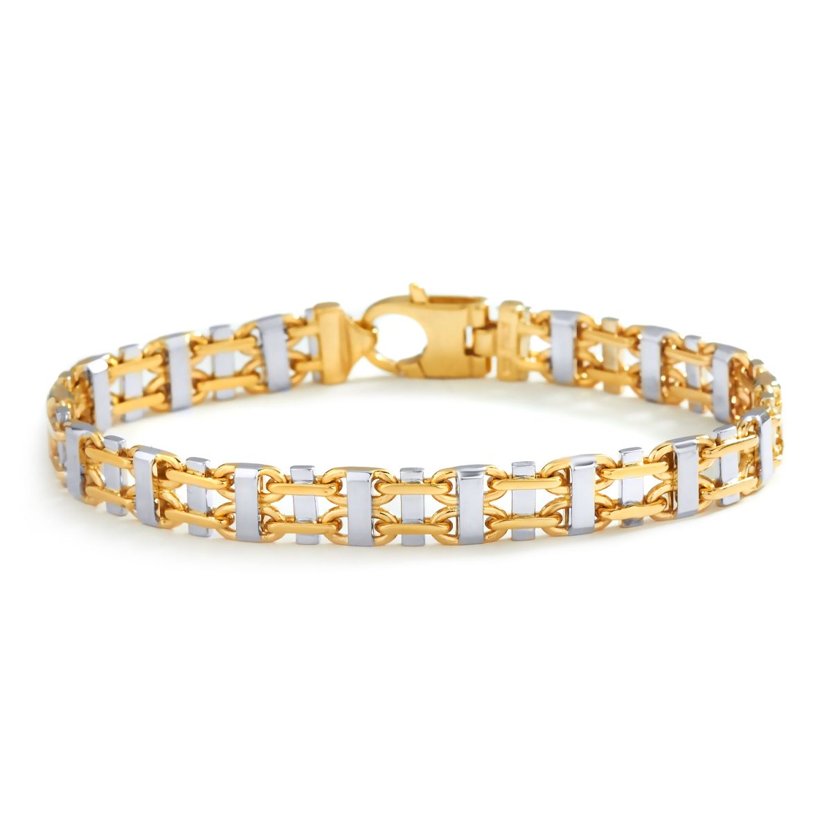 Two-Tone Fancy Railroad Link Bracelet in 14K Yellow and White Gold
