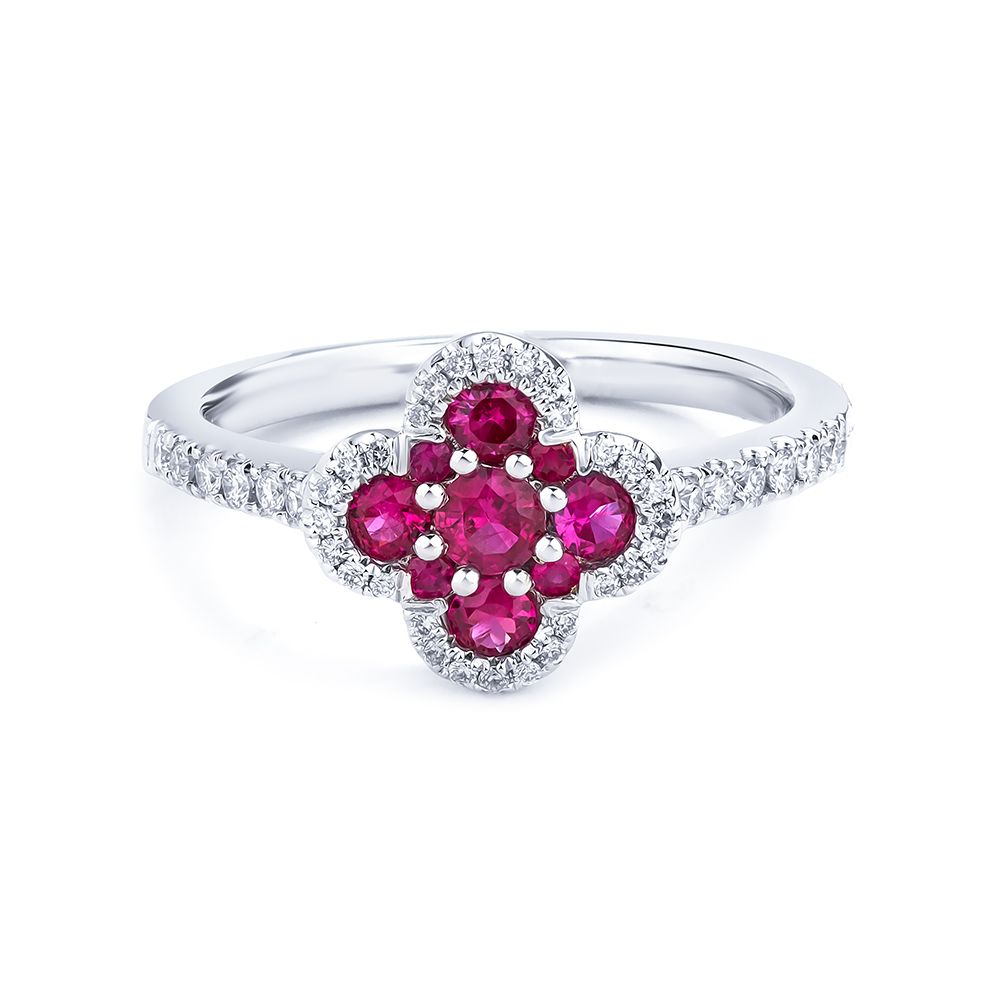 Diamond Halo Ruby Quatrefoil Ring in 18K White Gold