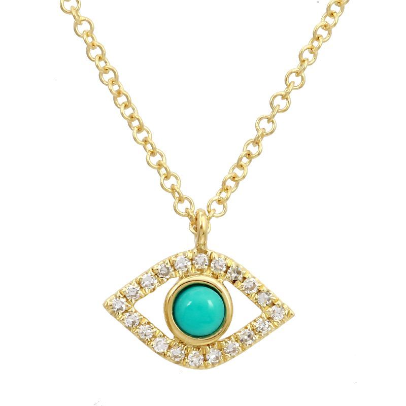 Diamond and Turquoise Evil Eye Pendant in 14K Yellow Gold