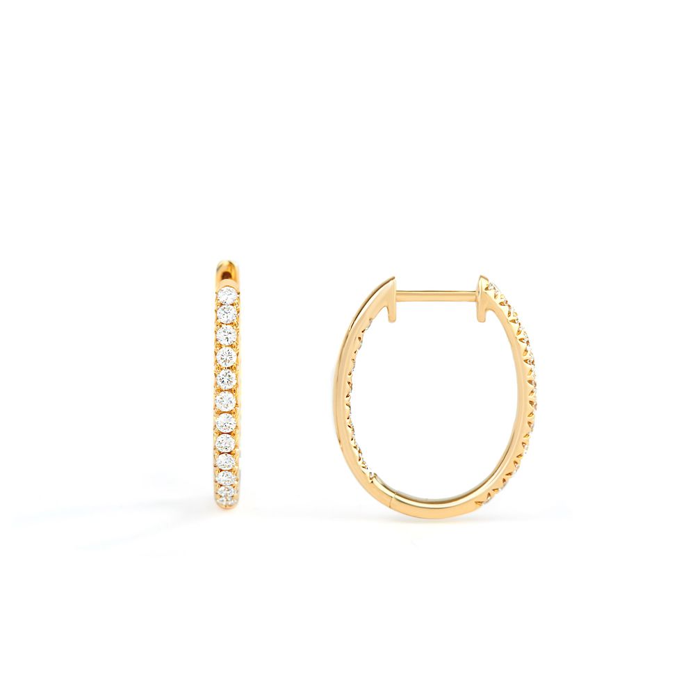 Medium Oval In and Out Diamond Hoop Earrings in 18K Yellow Gold