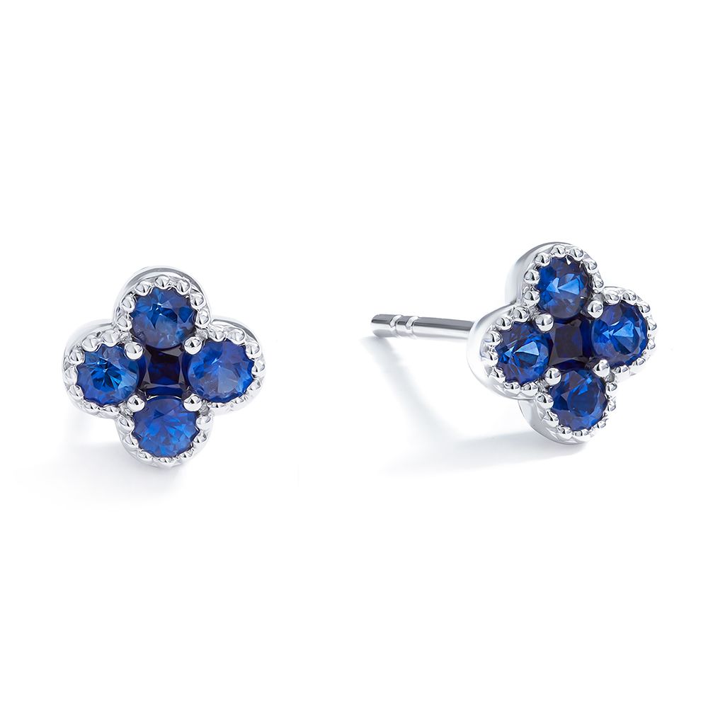 Petite Sapphire Clover Stud Earrings in 18K White Gold
