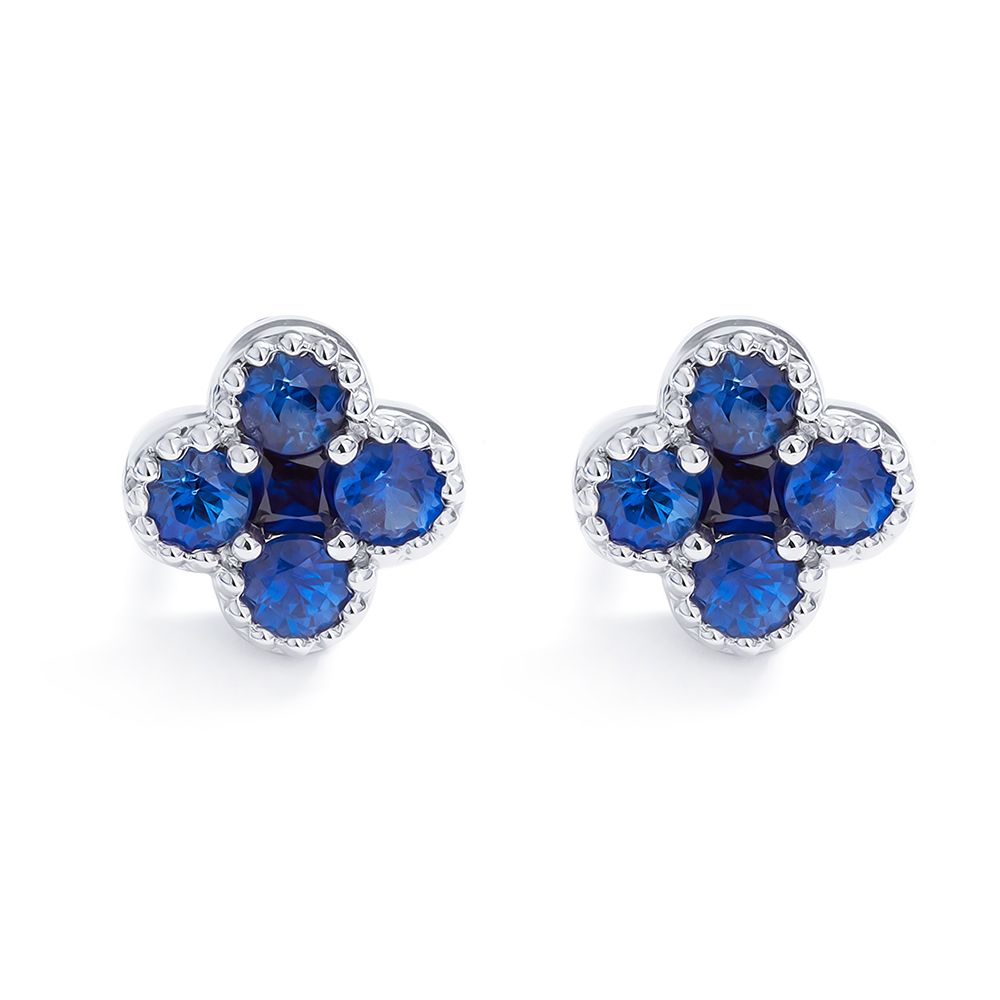 Petite Sapphire Clover Stud Earrings in 18K White Gold
