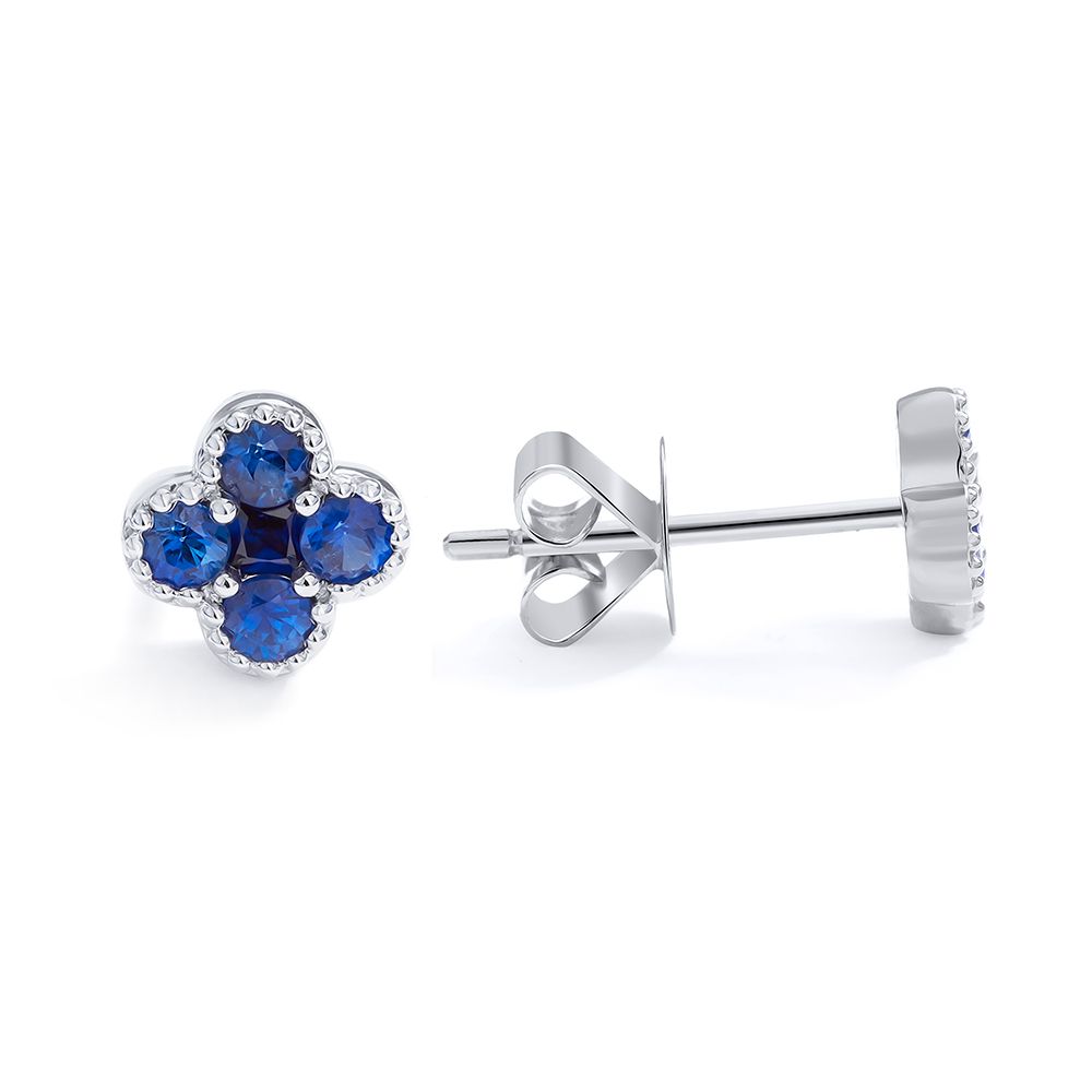 Petite Sapphire Clover Stud Earrings in 18K White Gold