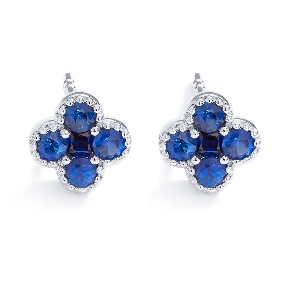 Petite Sapphire Clover Stud Earrings in 18K White Gold