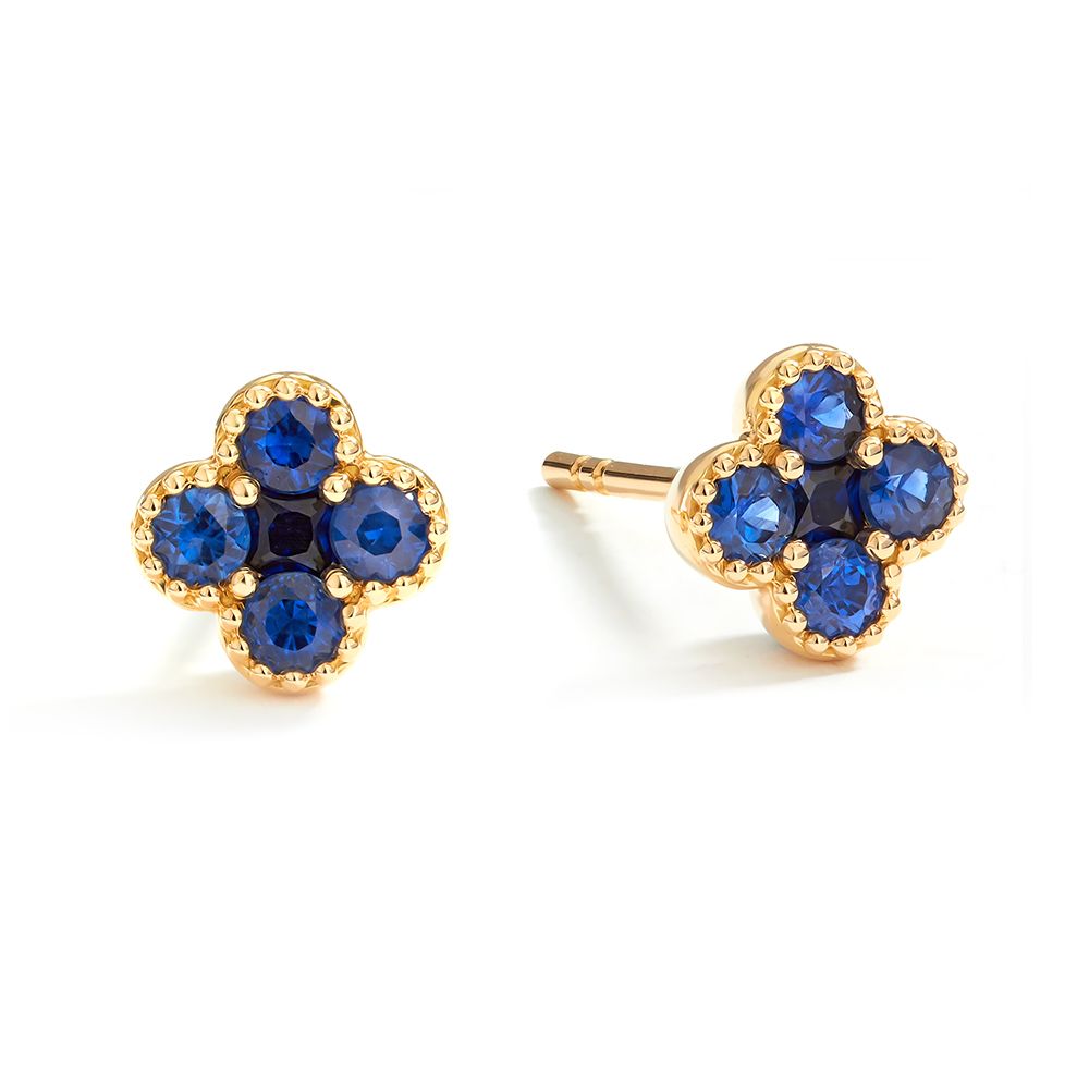 Petite Sapphire Clover Stud Earrings in 18K Yellow Gold