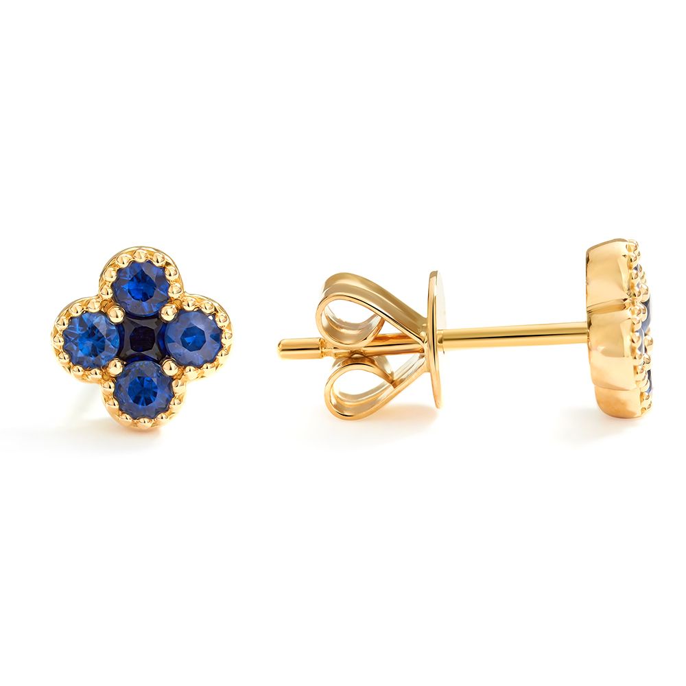 Petite Sapphire Clover Stud Earrings in 18K Yellow Gold